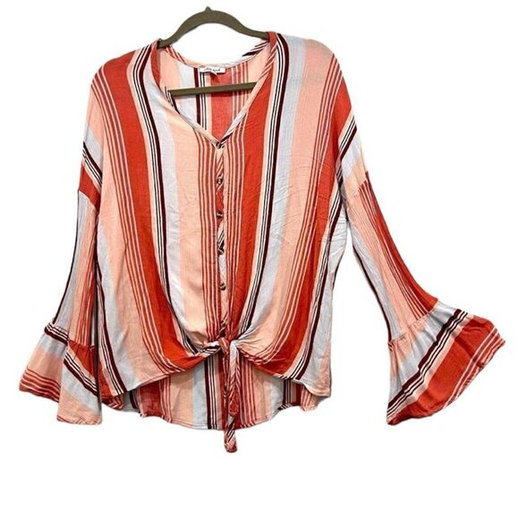 White Birch orange Striped button down Tie Front bell sleeve top size XL - Picture 2 of 8